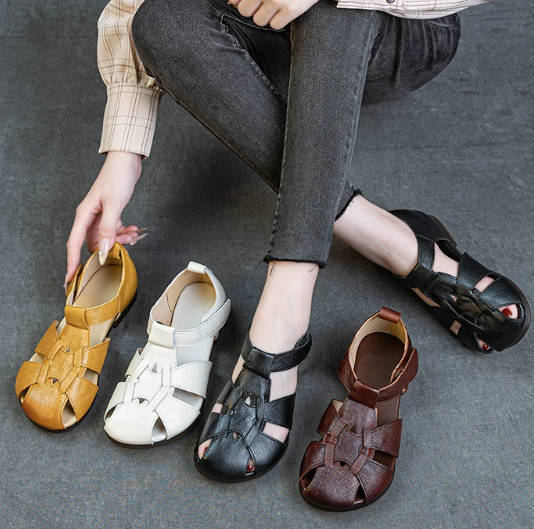 Retro Women Genuine Leather Round Toe Cut Out Soft Sandals