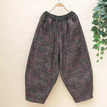 Vintage Demin Printed Elastic Waist Warm Plush Wide Legs Harem Pants