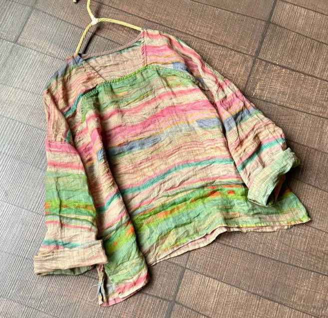 Vintage Casual Loose Ramie Digital Print Square Neck Top