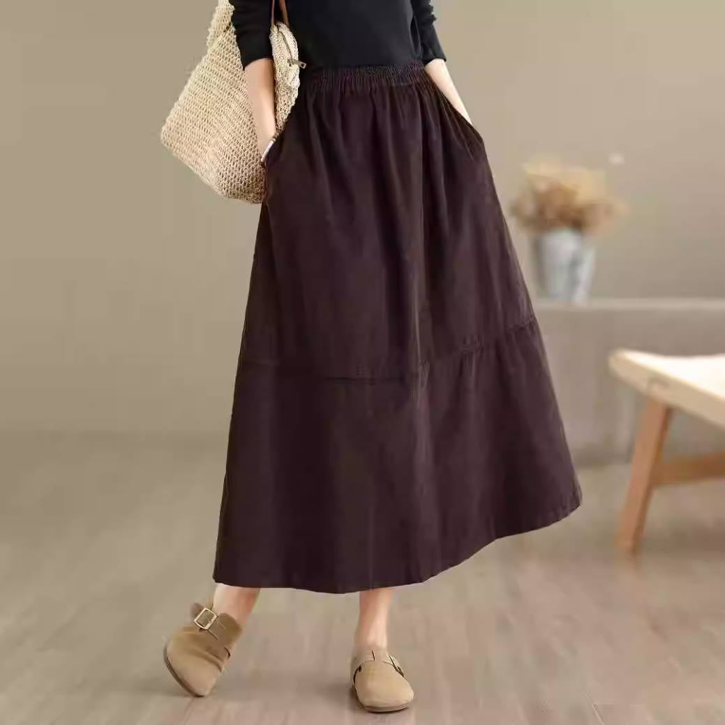 Retro Spring Cotton Elastic Waist A-Line Loose Versatile Elegant Skirt