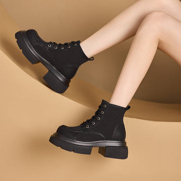Sueded Leather Patchwork Round Toe Platform Lace-Up Ankle Boots