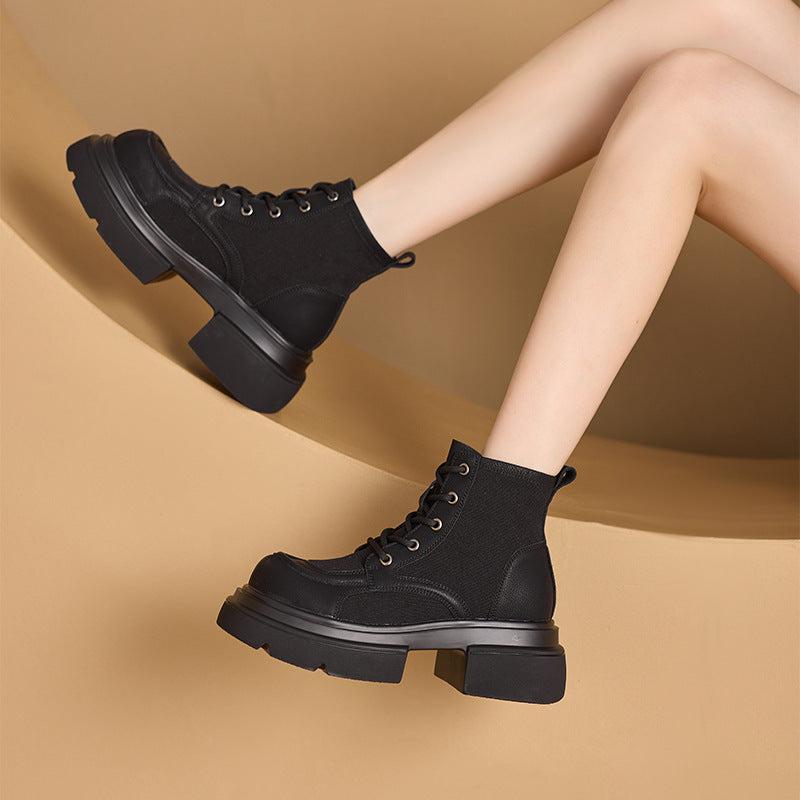 Sueded Leather Patchwork Round Toe Platform Lace-Up Ankle Boots