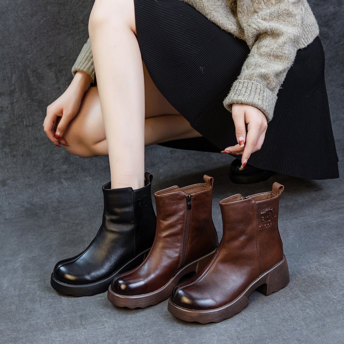 Winter Retro Genuine Leather Casual Plush Chunky Ankle Boots
