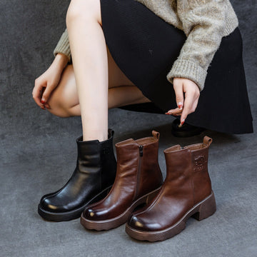 Winter Retro Genuine Leather Casual Plush Chunky Ankle Boots