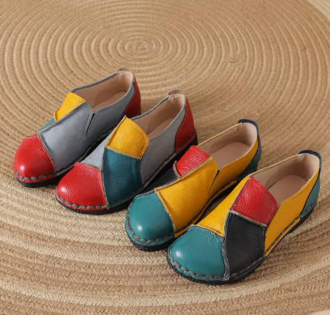 Vintage Patchwork Genuine Top Leather Round Toe Soft Sole Flat Slip-on