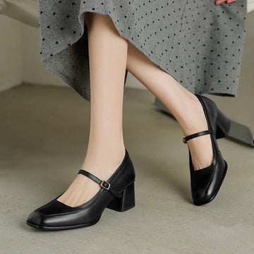 Genuine Leather High Quality Square Toe One Straped Chunky Sandals