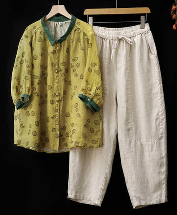 Retro Floral Print Linen-Cotton Turn-Down Collar Short-Sleeve Shirt Cropped Harem Pants Set