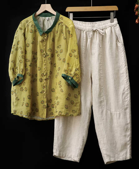 Retro Floral Print Linen-Cotton Turn-Down Collar Short-Sleeve Shirt Cropped Harem Pants Set