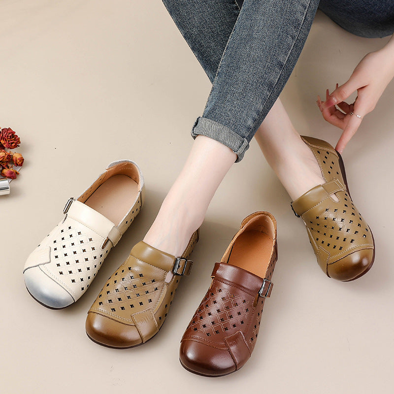 Top Leather Round Toe Hallow Soft Flat Sole Comfy Slip-On Shoes