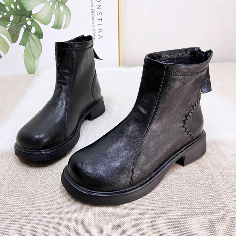 Winter Leather Wide Toe Black Soft Sole Comfortable Plush Boots