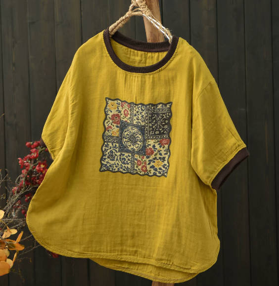 Summer Women Floral Print Casual Loose Cotton Gauze T-Shirt