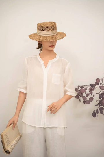 Spring Ramie V-Neck Thin Breathable Half Sleeves Thin Slim Tops