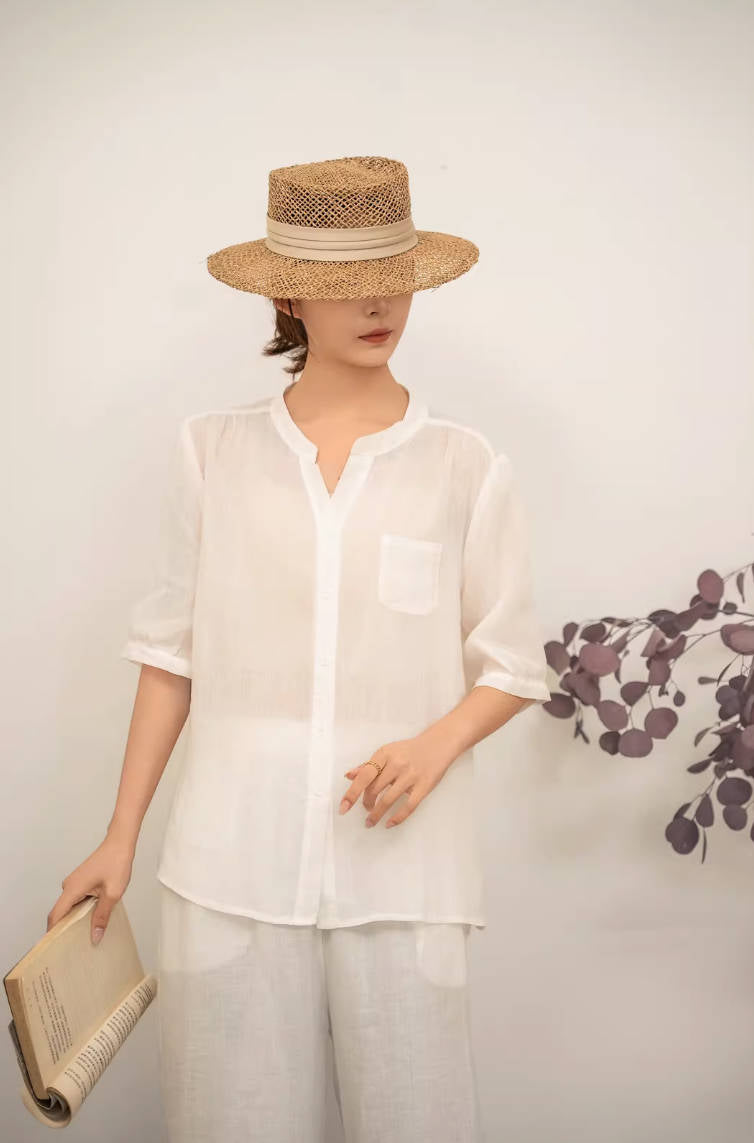 Spring Ramie V-Neck Thin Breathable Half Sleeves Thin Slim Tops