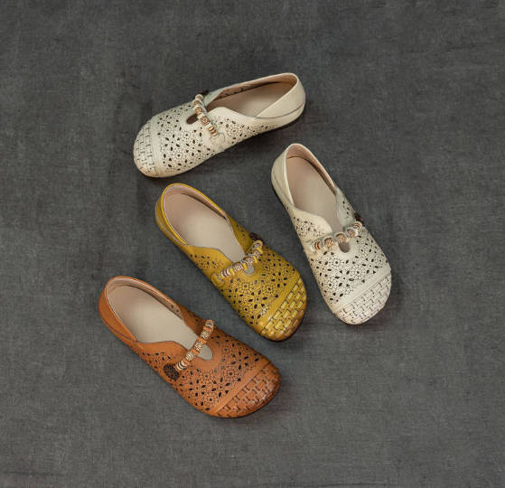Retro Top Genuine Leather Casual Hollow Out Flat