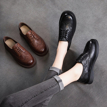 Spring Retro Leather Hallow Breathable  Slim Soft Sole Slip-On Flat Shoes