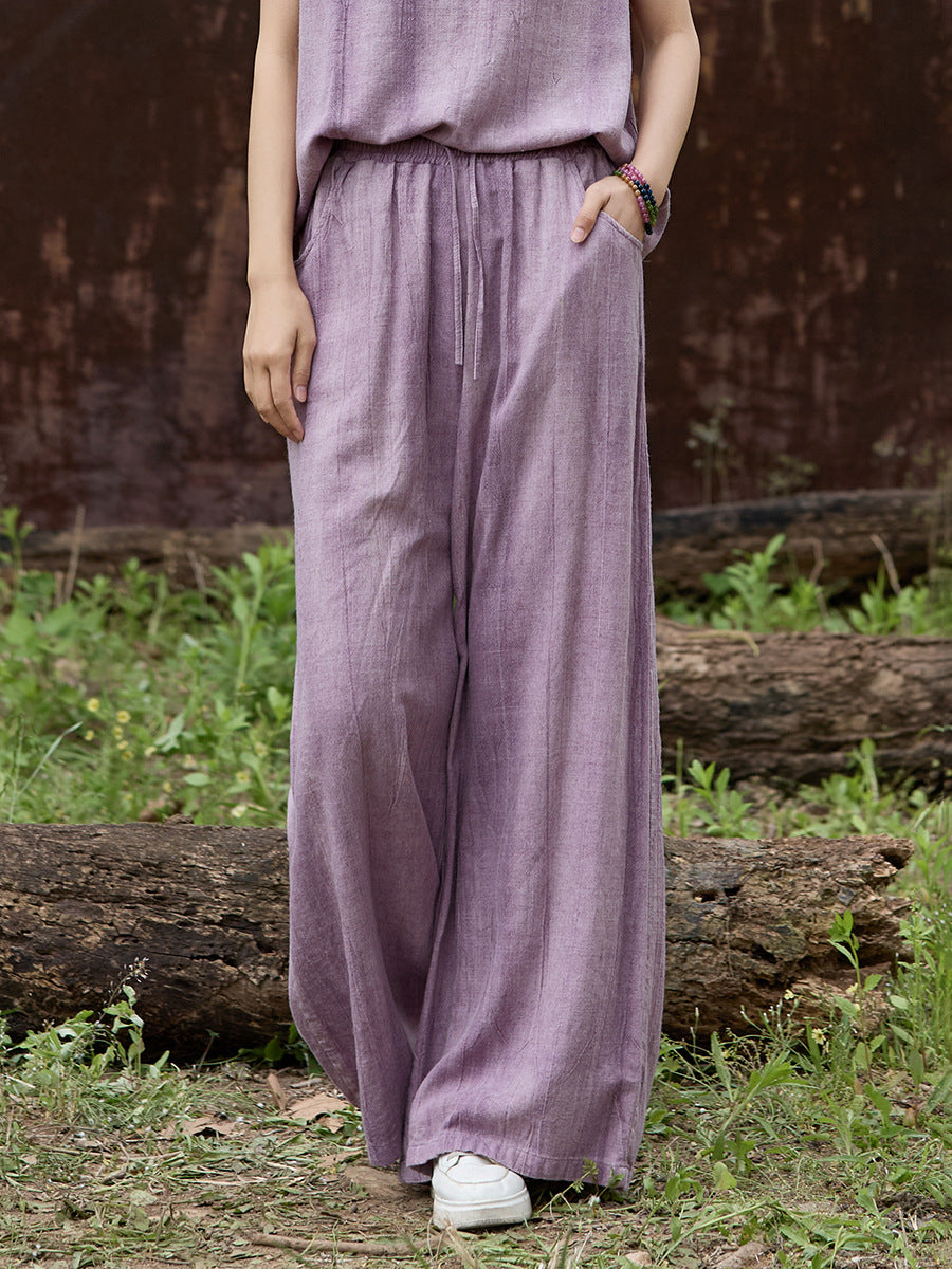 Tie-Dye Linen Comfortable Solid Color Elastic Waist Lace-Up Pants
