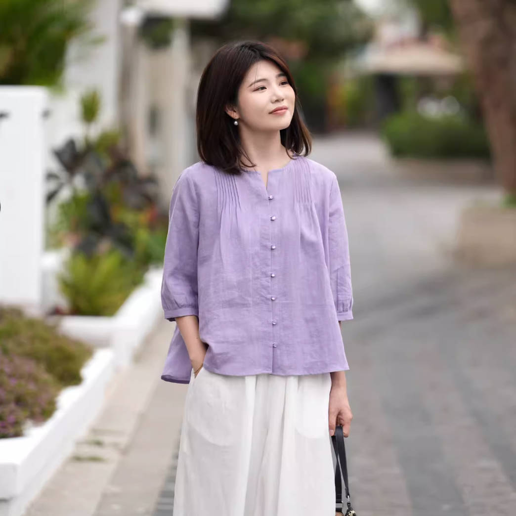 Summer Retro Ramie Round Neck Accordion Pleats Loose Shirt