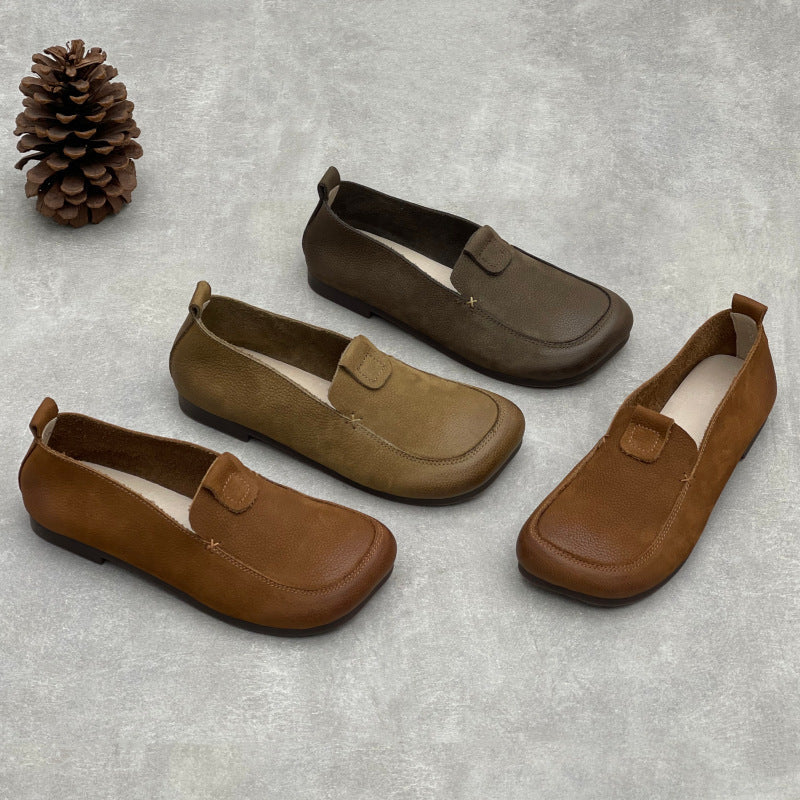 Genuine Leather Square Toe Soft Sole Versatile Slip-On Flat Shoes