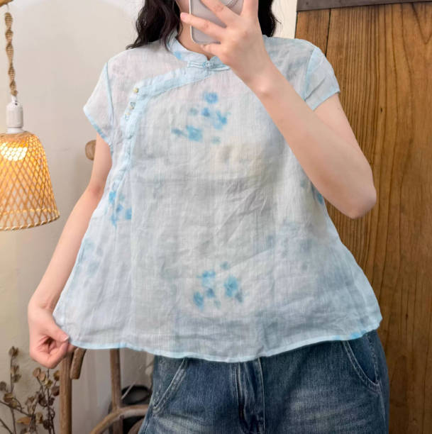 Spring Floral Ramie Stand-Collar Casual Buttoned Short Sleeves Top
