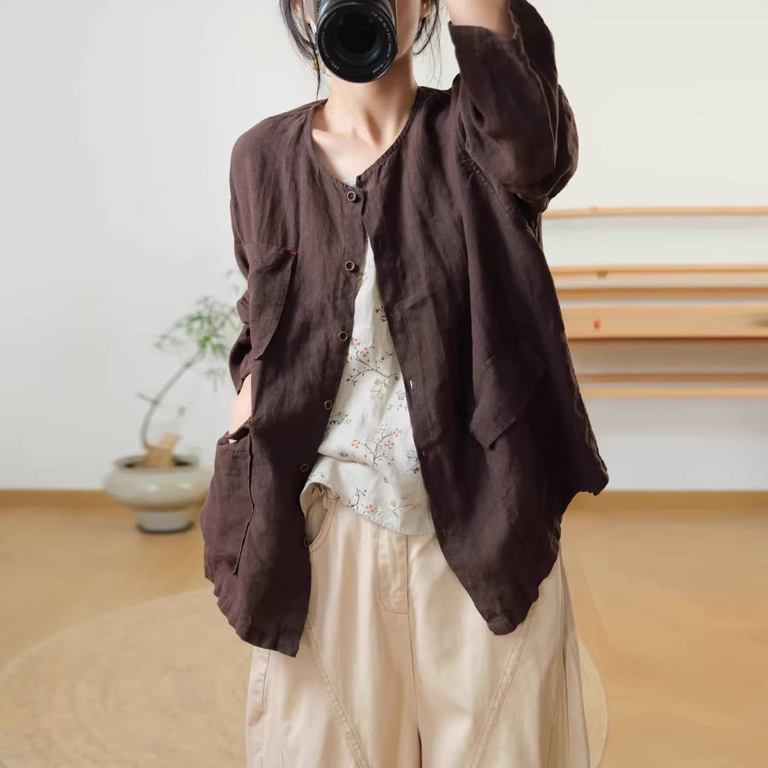 Retro Linen Solid Color Round Neck Thin Pocket Loose Shirt