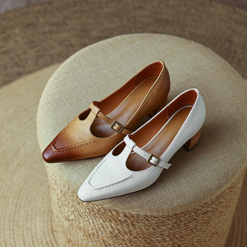 Elegant Leather Pointed Toe One Straped Chunky Shoes