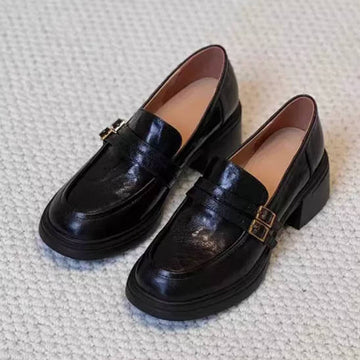 Retro Sheep Leather Buckle Strap Chunky Heel Loafers Slip-on