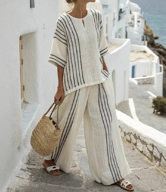 Spring Loose Round Neck Stripe Print Wide Leg Pants Set