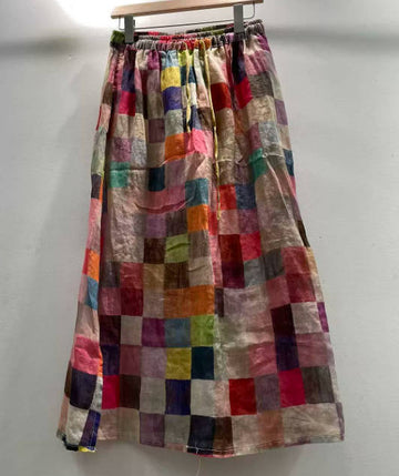 Summer Women Color Block Ramie Loose Waist Drawstring Half A-Line Skirt
