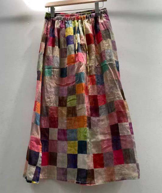 Summer Women Color Block Ramie Loose Waist Drawstring Half A-Line Skirt