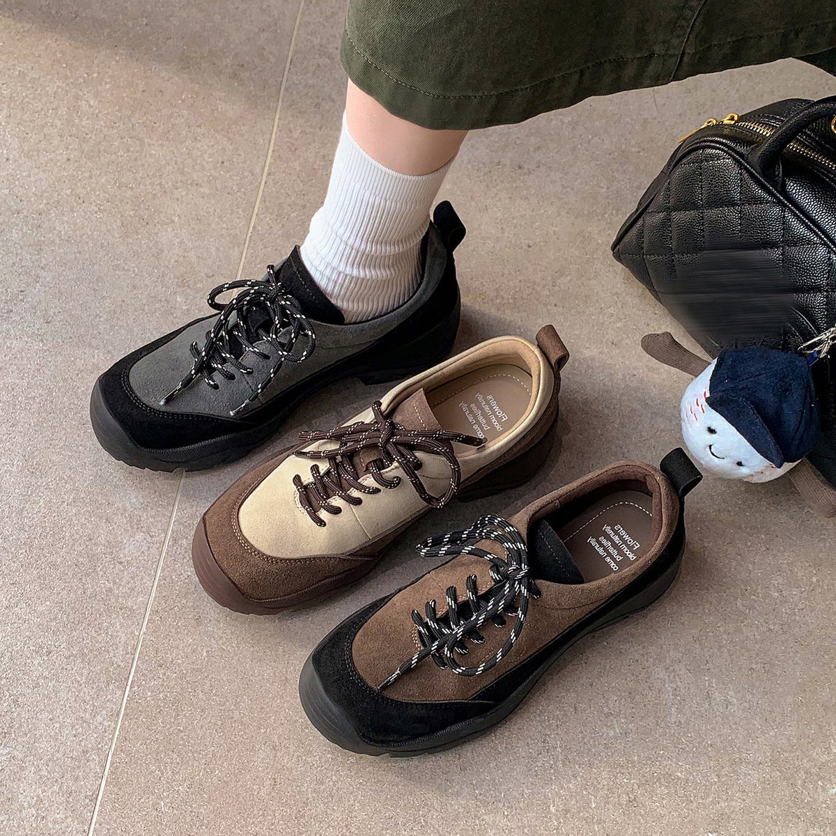Outdoor Sheepskin Leather Sueded Patchwork Sports Lace-Up Sneakers