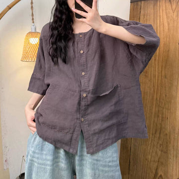 Spring Casual Linen Round Neck Single-Breasted Half Sleeves Tops