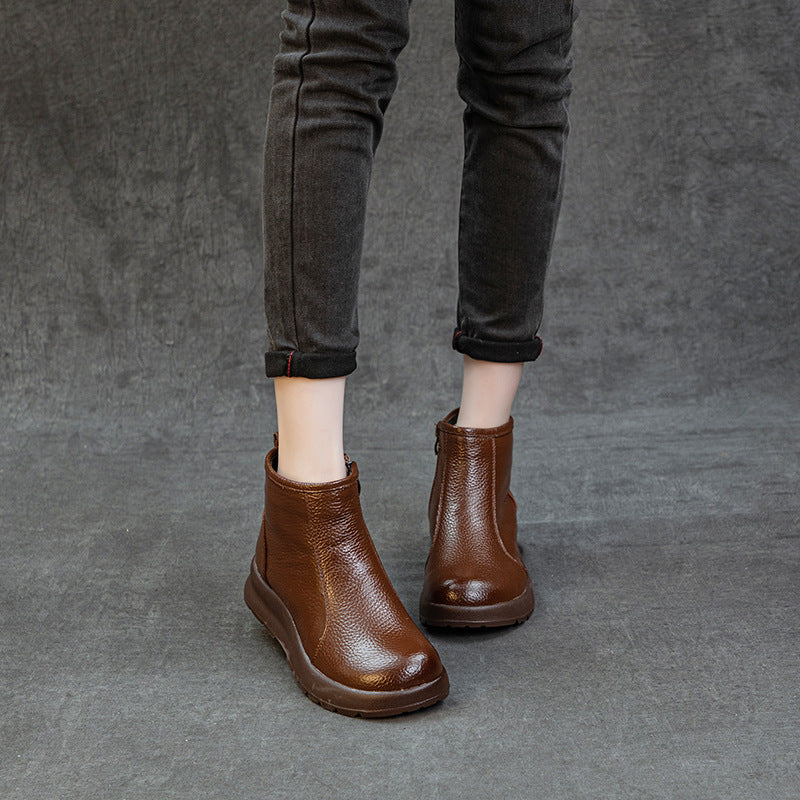 Winter Retro Leather Round Toe Wool-Lined Zipper Ankle Boots