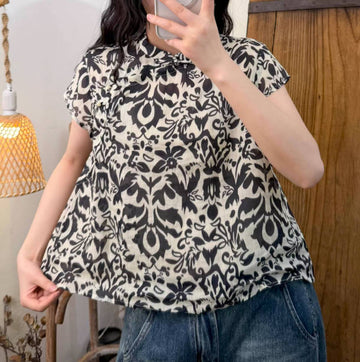 Spring Floral Ramie Stand-Collar Casual Buttoned Short Sleeves Top