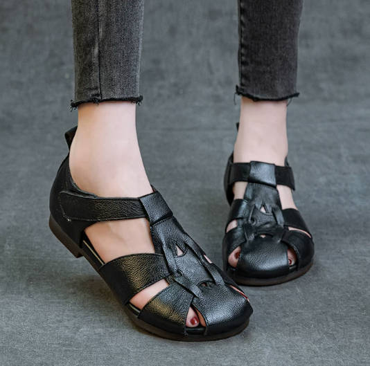 Retro Women Genuine Leather Round Toe Cut Out Soft Sandals