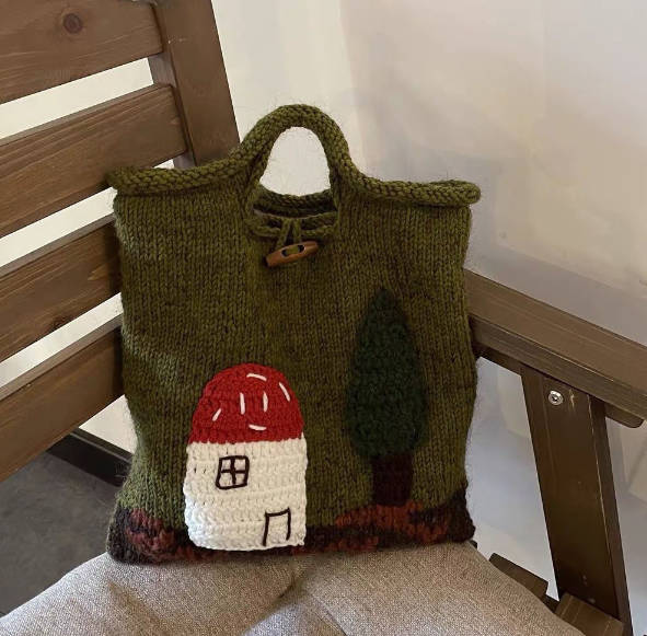 Vintage Forest Mushroom House Hand-knitted Tweed Tote Bag
