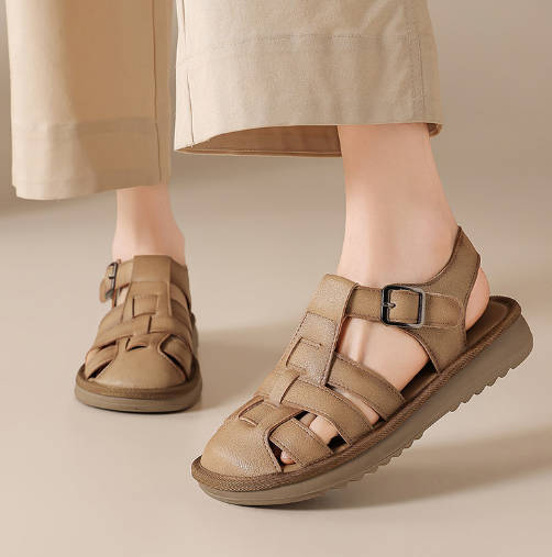 Retro Women Soft Leather Closed Toe Woven Roman Sandals Flats