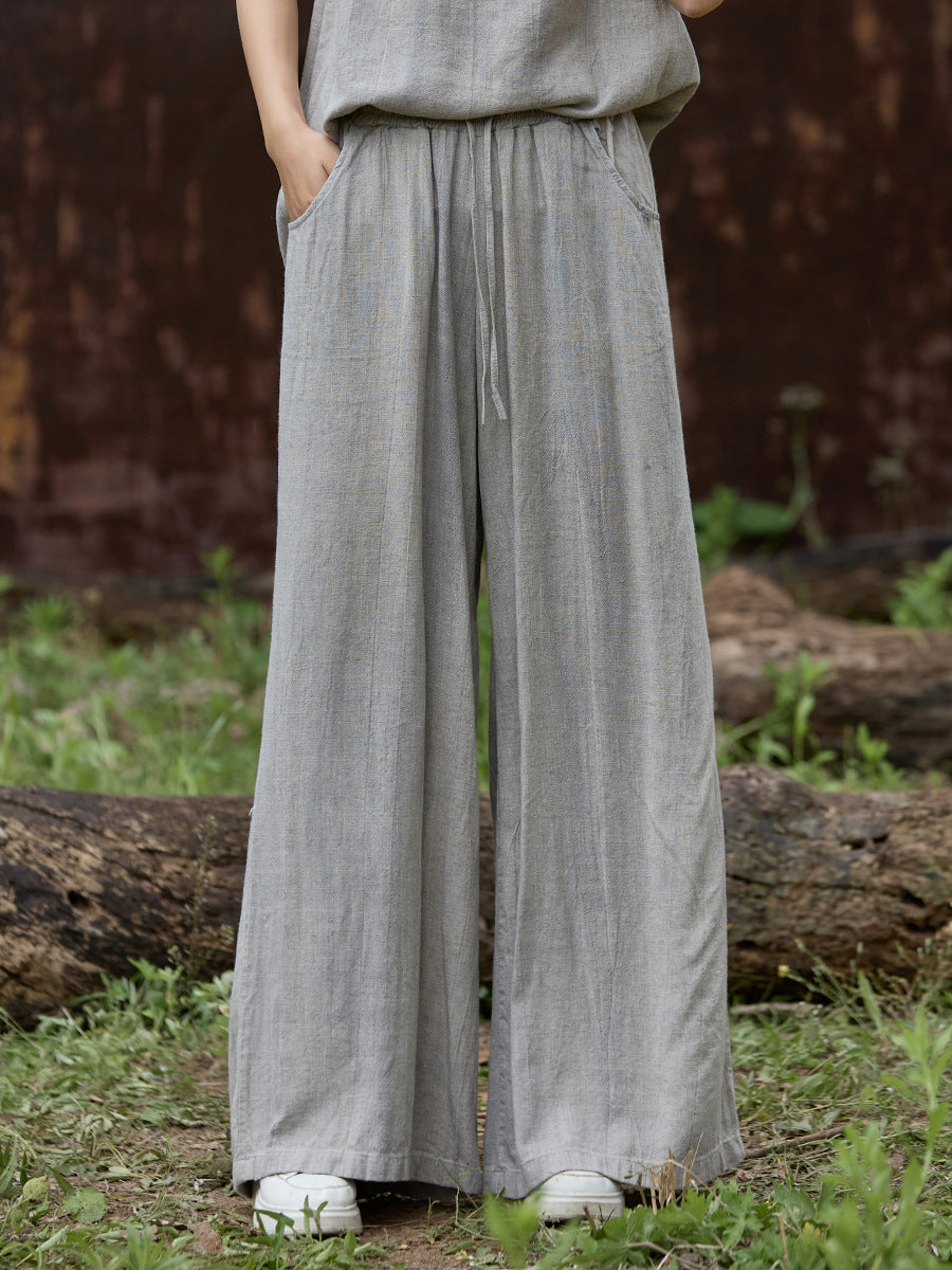 Tie-Dye Linen Comfortable Solid Color Elastic Waist Lace-Up Pants