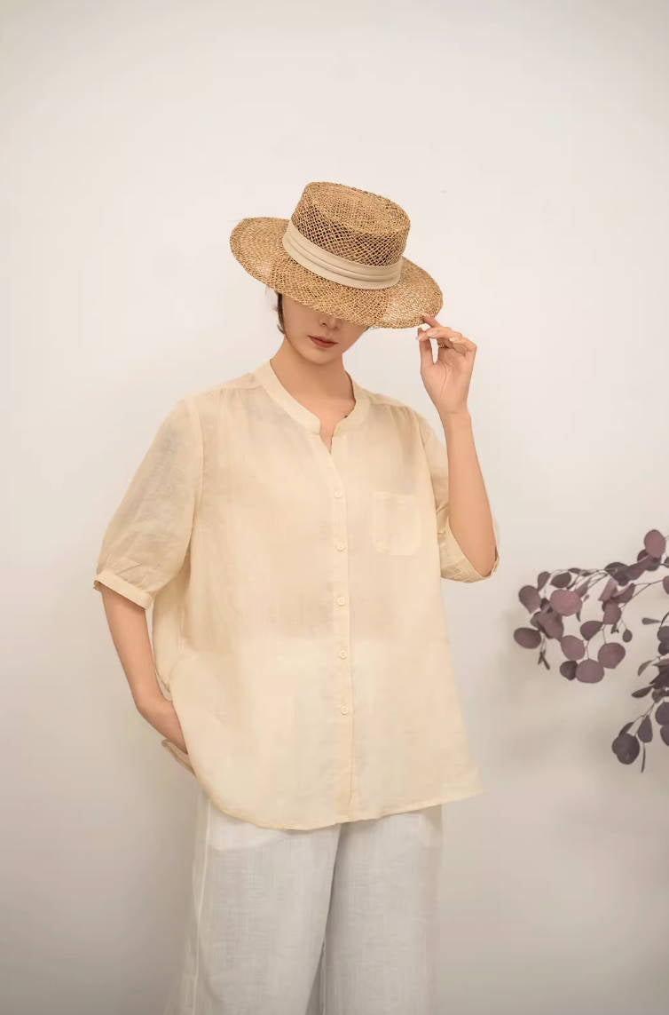 Spring Ramie V-Neck Thin Breathable Half Sleeves Thin Slim Tops