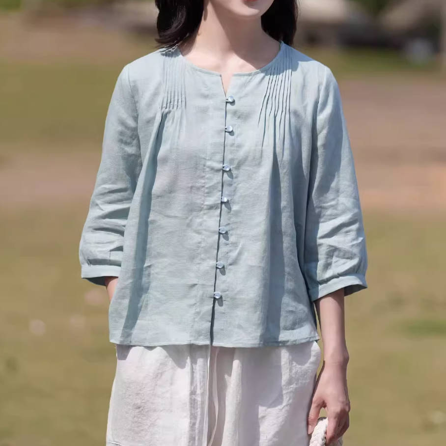 Summer Retro Ramie Round Neck Accordion Pleats Loose Shirt