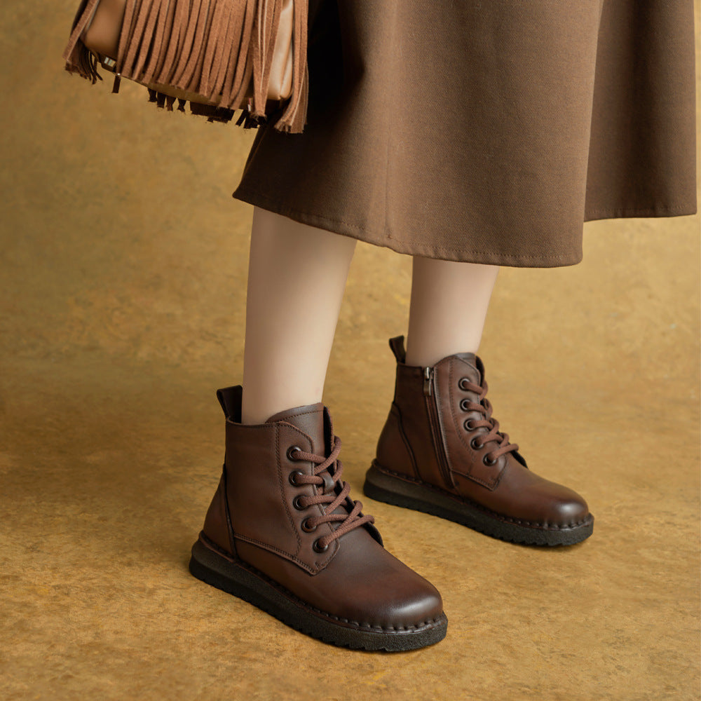 Autumn Top Leather Retro Round Toe Soft Flat Sole Zipper Ankle Boots