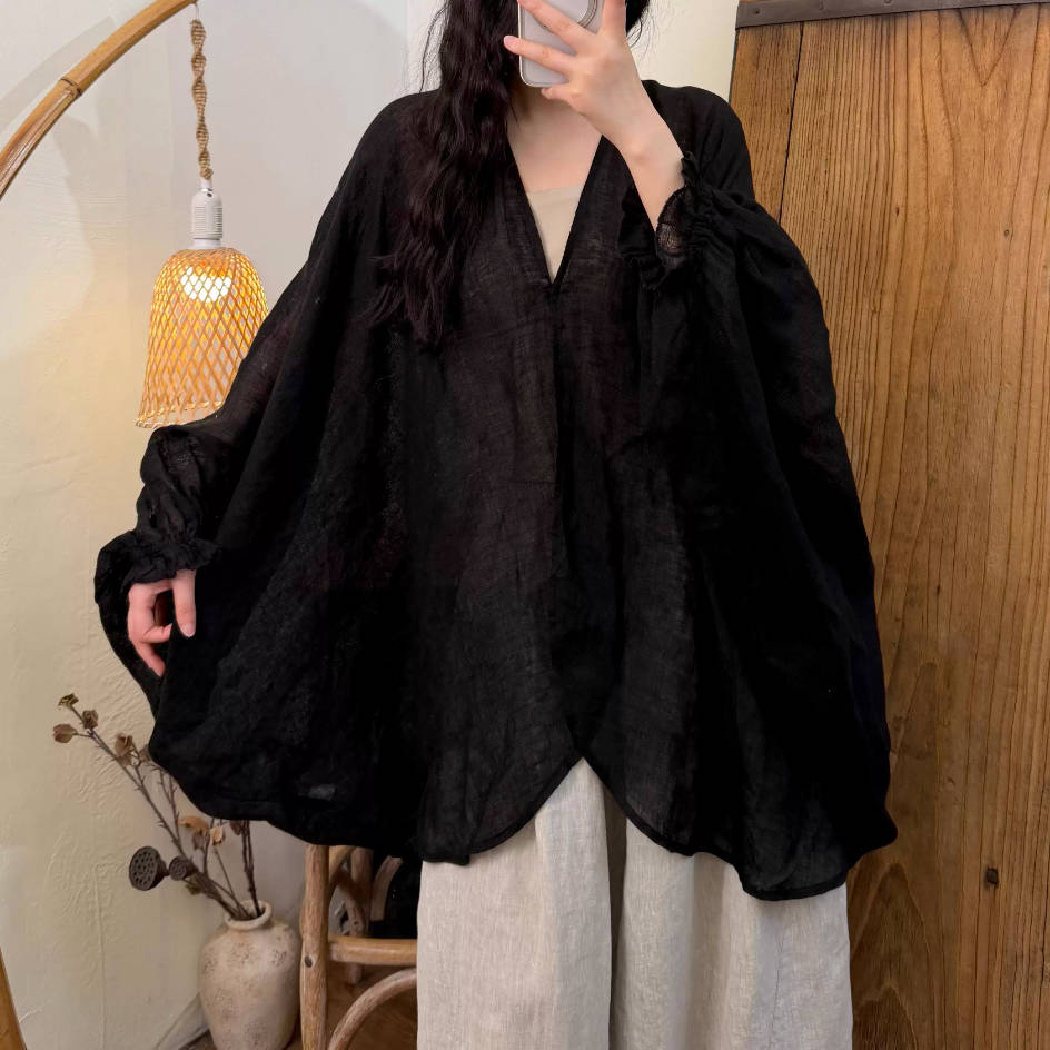 Vintage Linen V-Neck Loose Wide Sleeves Thin Breathable Tops