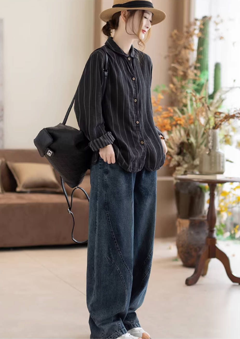 Denim Spring Retro Elastic Waist Casual Everyday Long Loose Jeans