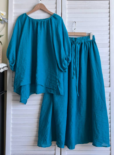 Casual Solid Color Lightweight Cotton Voile Crew Neck Top Loose Skirt Top Set