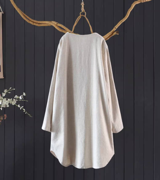 Casual Solid Color Cotton & Ramie Belt Long Sleeve Round Neck Top