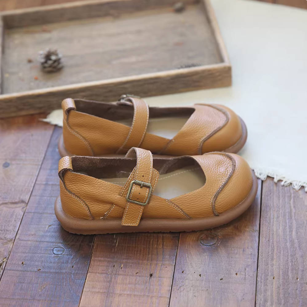 Round Toe Leather Shallow Retro One Straped Soft Sole Sandale
