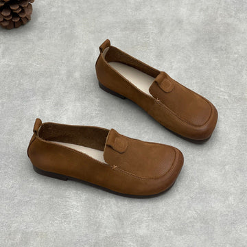 Genuine Leather Square Toe Soft Sole Versatile Slip-On Flat Shoes