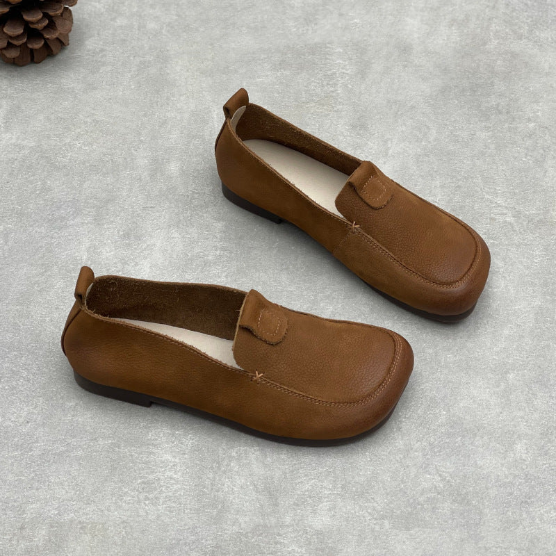 Genuine Leather Square Toe Soft Sole Versatile Slip-On Flat Shoes