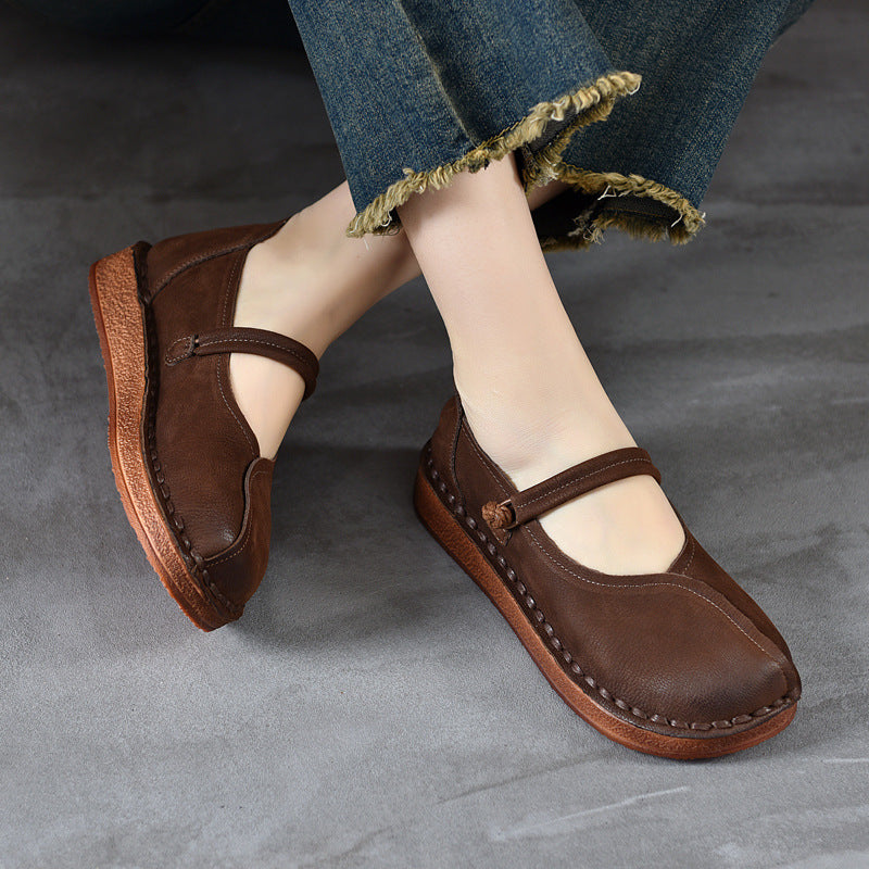 Retro Leather Thick Flat Soft Sole One Straped Casual Sandals