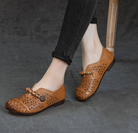 Retro Top Genuine Leather Casual Hollow Out Flat