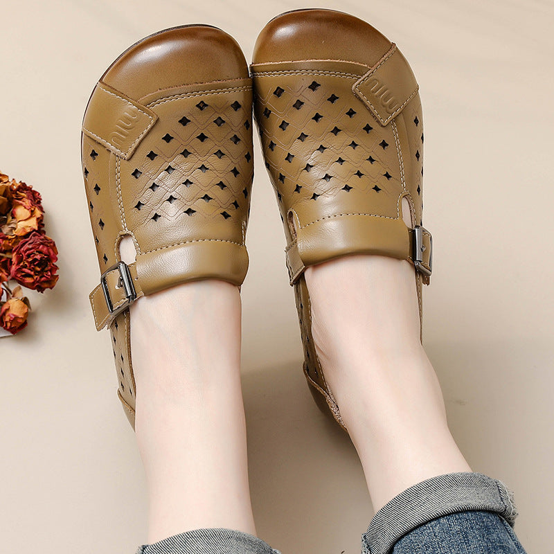 Top Leather Round Toe Hallow Soft Flat Sole Comfy Slip-On Shoes